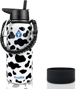 Cow Print Water Bottle,32 oz Gym Water Bottle for Women,Men,Stainless Steel Water Bottles Insulated,Sports water bottle with Straw lid,Paracord handle,Silicone Boot,Double Walled