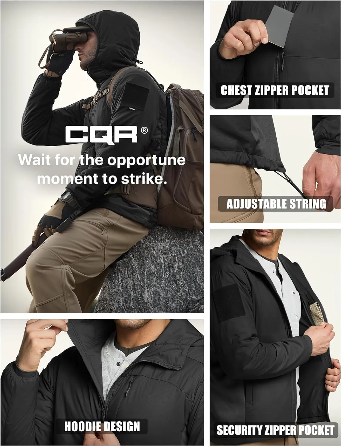 CQR Men's Insulated Hooded Tactical Jacket, Lightweight Mid-Layer Warm Hoodie, Water Resistant Full Zip Hiking Work Coat