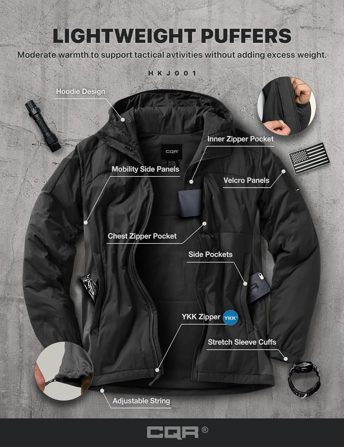 CQR Men's Insulated Hooded Tactical Jacket, Lightweight Mid-Layer Warm Hoodie, Water Resistant Full Zip Hiking Work Coat