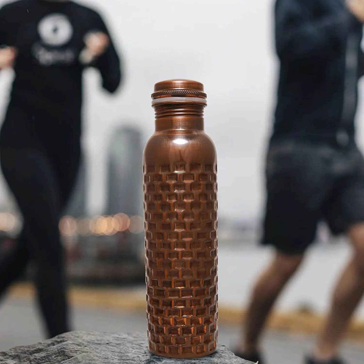 Craft Trade Diamond Copper Bottle with Lid and Carry Bag for Drinking Water BPA Free Leak Proof Boosts Immunity, Supports Digestive, Ayurveda Inspired 34oz - 1 Litre Black