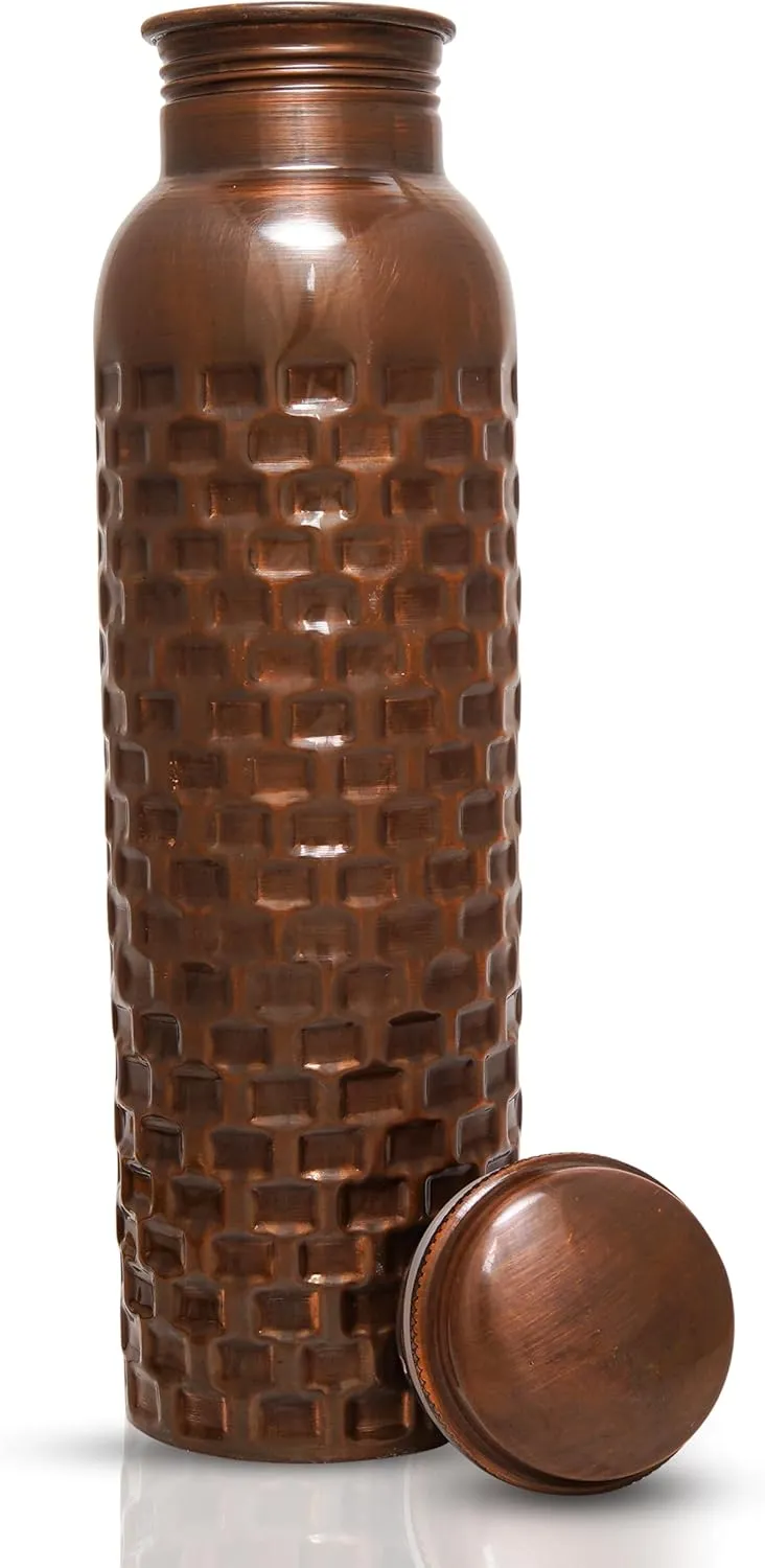 Craft Trade Diamond Copper Bottle with Lid and Carry Bag for Drinking Water BPA Free Leak Proof Boosts Immunity, Supports Digestive, Ayurveda Inspired 34oz - 1 Litre Black