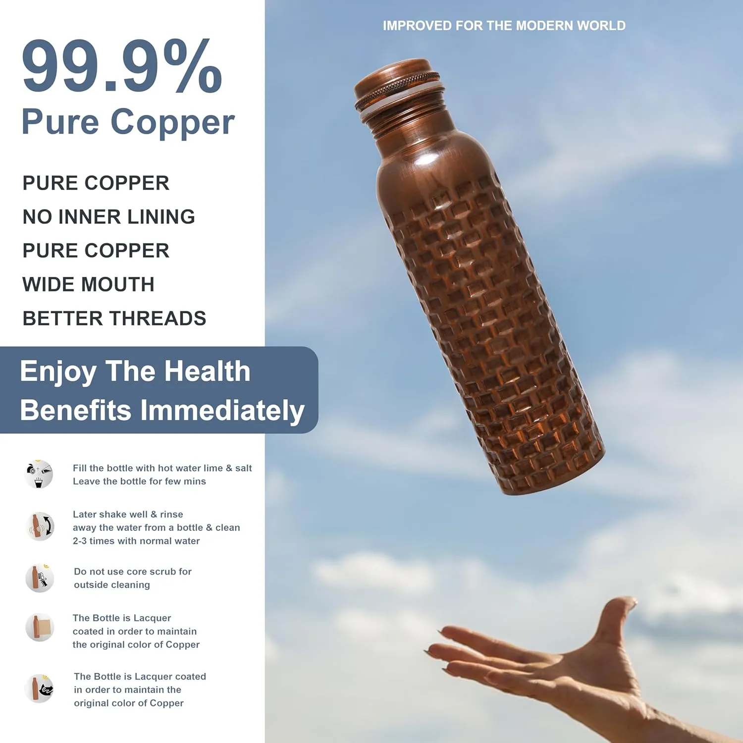 Craft Trade Diamond Copper Bottle with Lid and Carry Bag for Drinking Water BPA Free Leak Proof Boosts Immunity, Supports Digestive, Ayurveda Inspired 34oz - 1 Litre Black