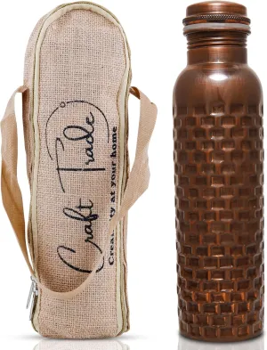 Craft Trade Diamond Copper Bottle with Lid and Carry Bag for Drinking Water BPA Free Leak Proof Boosts Immunity, Supports Digestive, Ayurveda Inspired 34oz - 1 Litre Black