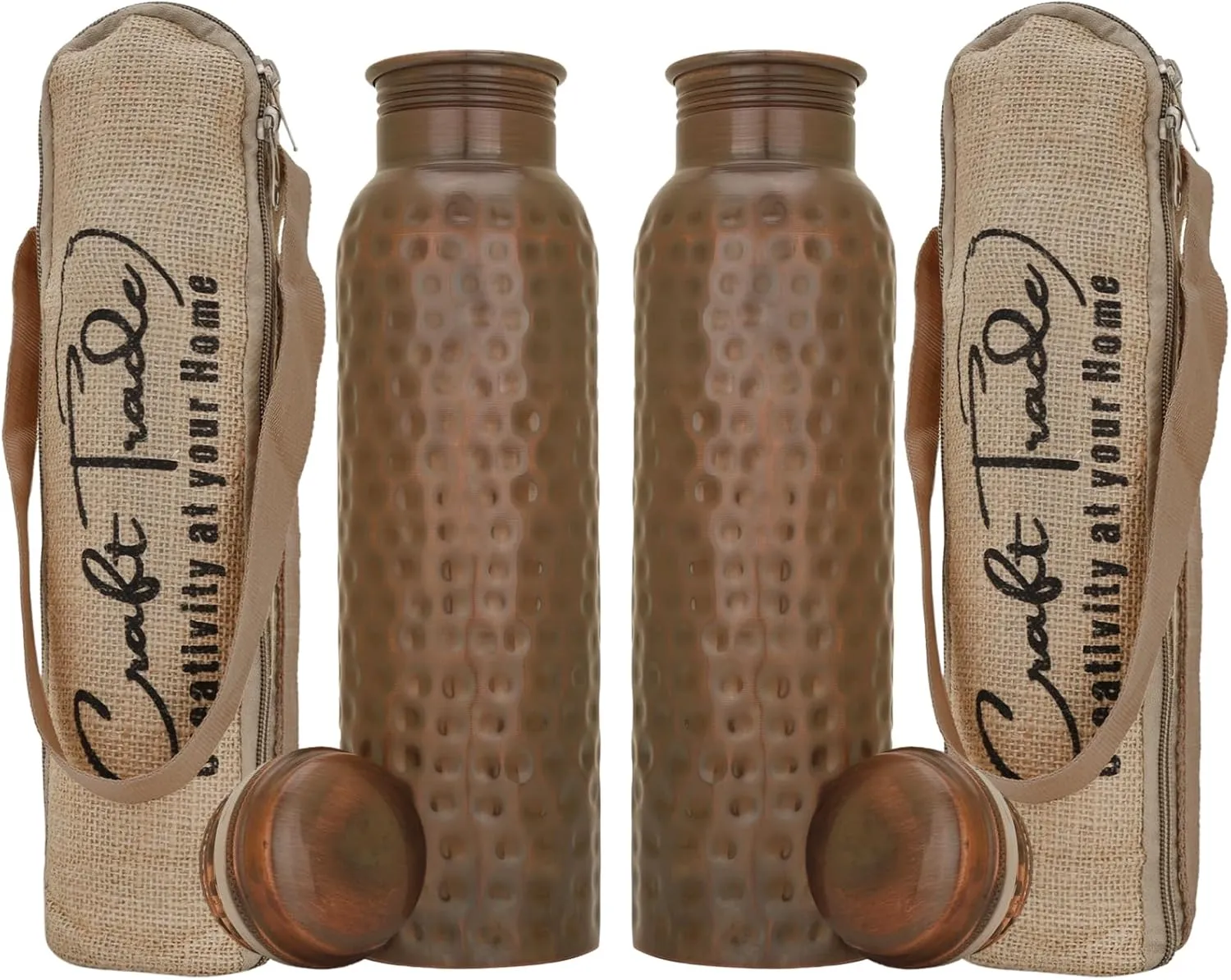 Craft Trade Pack of 2 Pure Copper Bottle with Lid and Carry Bag for Drinking Water BPA Free Leak Proof Boosts Immunity, Supports Digestive & Liver Health, Ayurveda Inspired 34oz - 1 Litre Black