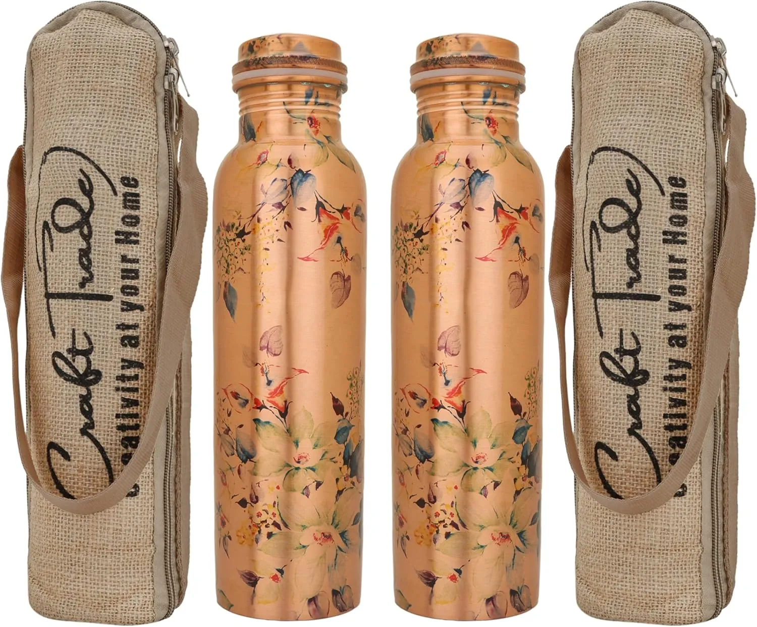 Craft Trade Printed Copper Bottle with Lid and Carry Bag for Drinking Water BPA Free Leak Proof Boosts Immunity, Supports Digestive & Liver Health 34oz - 1 Litre