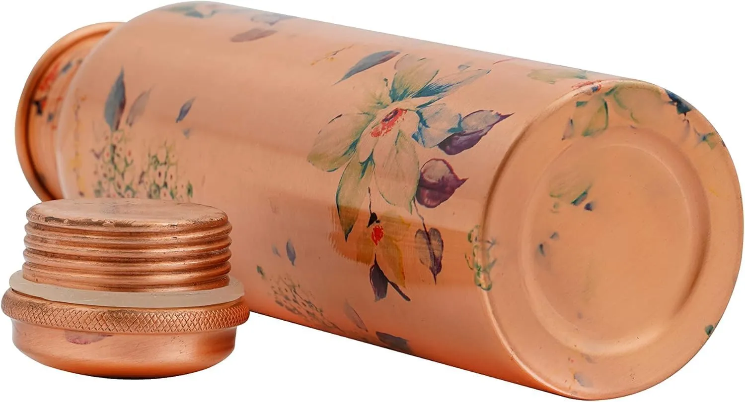 Craft Trade Printed Copper Bottle with Lid and Carry Bag for Drinking Water BPA Free Leak Proof Boosts Immunity, Supports Digestive & Liver Health 34oz - 1 Litre