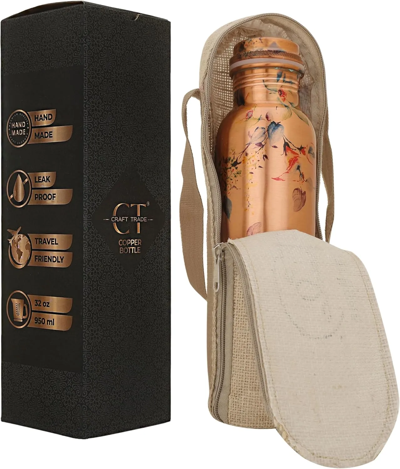 Craft Trade Printed Copper Bottle with Lid and Carry Bag for Drinking Water BPA Free Leak Proof Boosts Immunity, Supports Digestive & Liver Health 34oz - 1 Litre