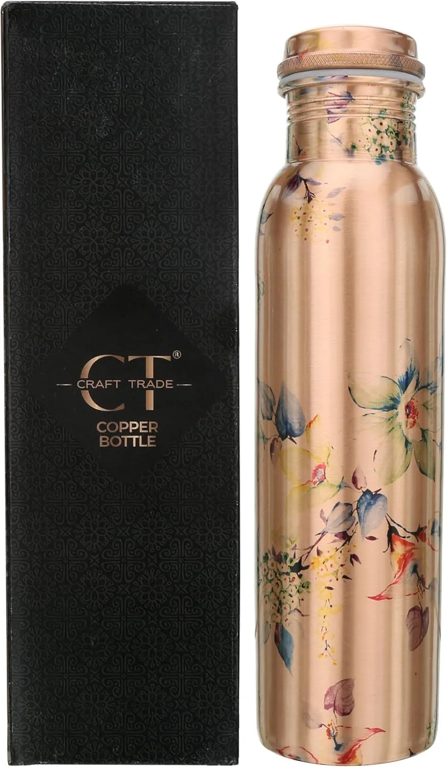 Craft Trade Printed Copper Bottle with Lid and Carry Bag for Drinking Water BPA Free Leak Proof Boosts Immunity, Supports Digestive & Liver Health 34oz - 1 Litre
