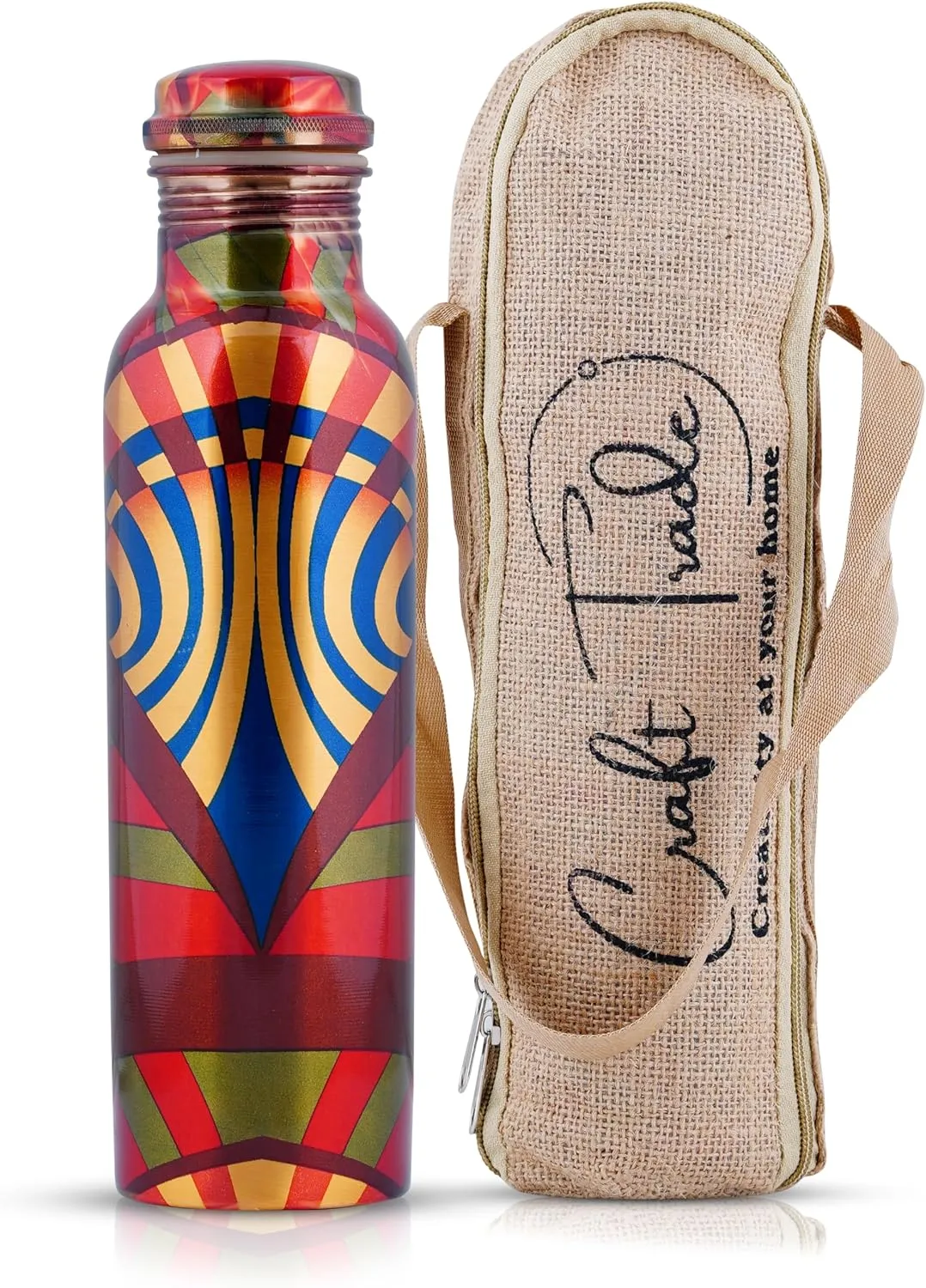 Craft Trade Printed Pure Copper Bottle with Lid and Carry Bag for Drinking Water BPA Free Leak Proof Boosts Immunity, Supports Digestive & Ayurveda Inspired 34oz - 1 Litre