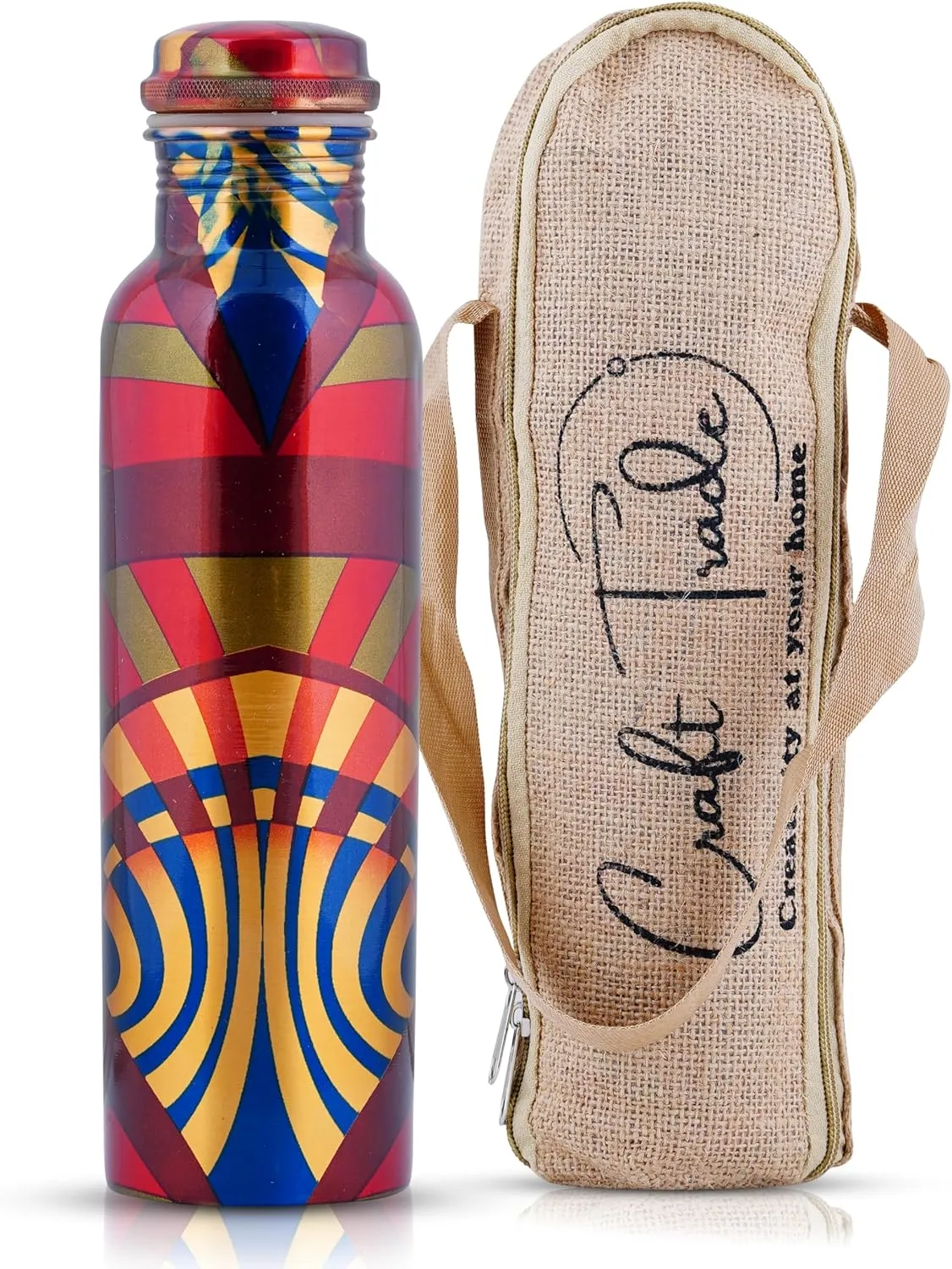 Craft Trade Printed Pure Copper Bottle with Lid and Carry Bag for Drinking Water BPA Free Leak Proof Boosts Immunity, Supports Digestive & Ayurveda Inspired 34oz - 1 Litre