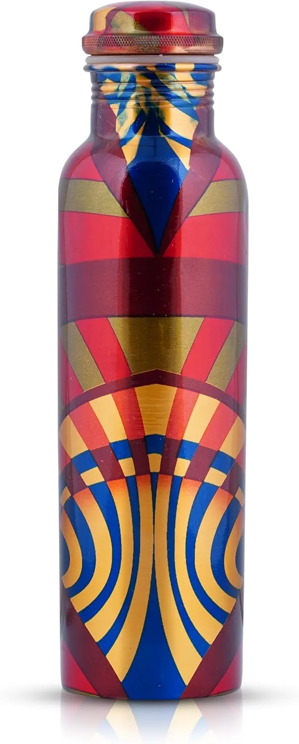 Craft Trade Printed Pure Copper Bottle with Lid and Carry Bag for Drinking Water BPA Free Leak Proof Boosts Immunity, Supports Digestive & Ayurveda Inspired 34oz - 1 Litre