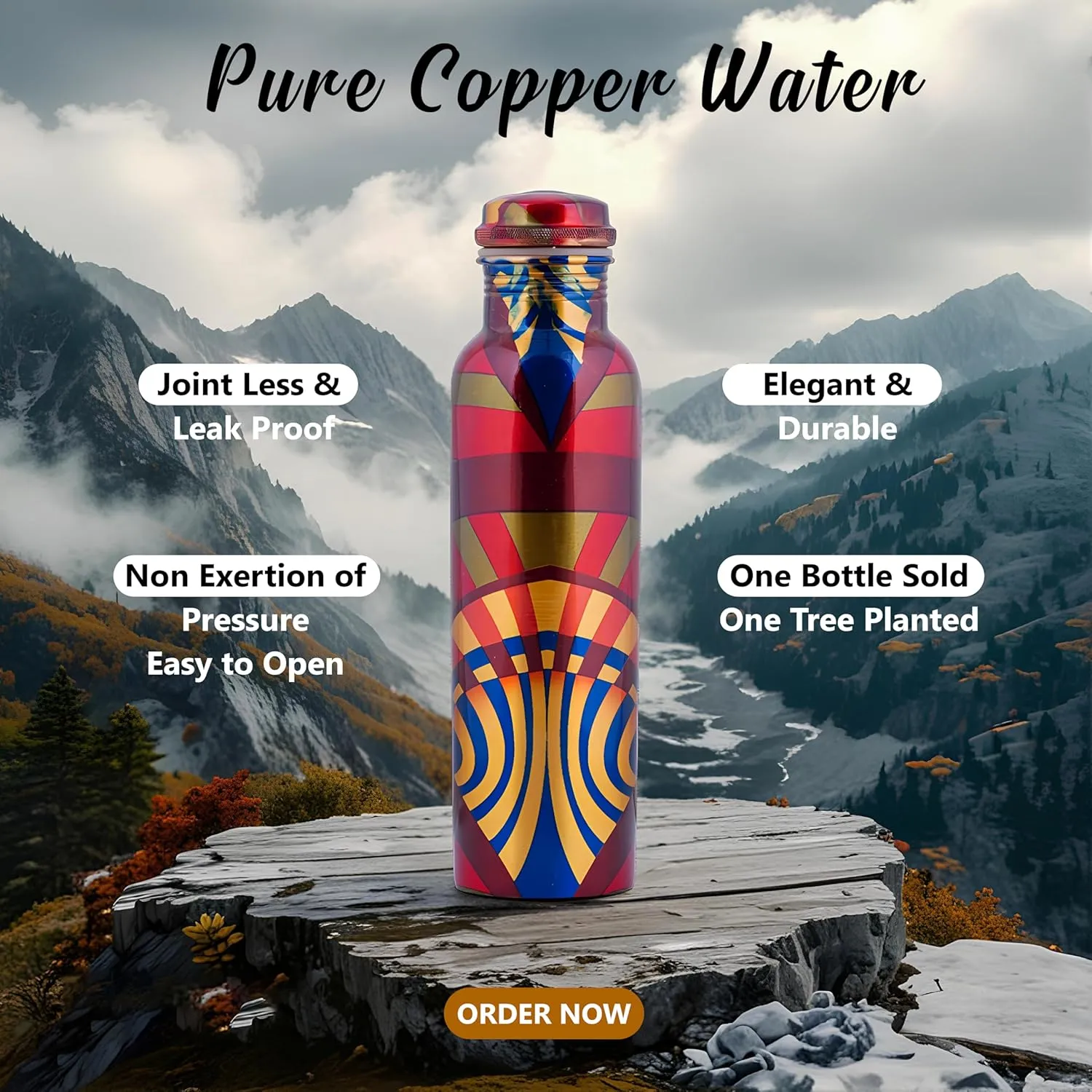 Craft Trade Printed Pure Copper Bottle with Lid and Carry Bag for Drinking Water BPA Free Leak Proof Boosts Immunity, Supports Digestive & Ayurveda Inspired 34oz - 1 Litre
