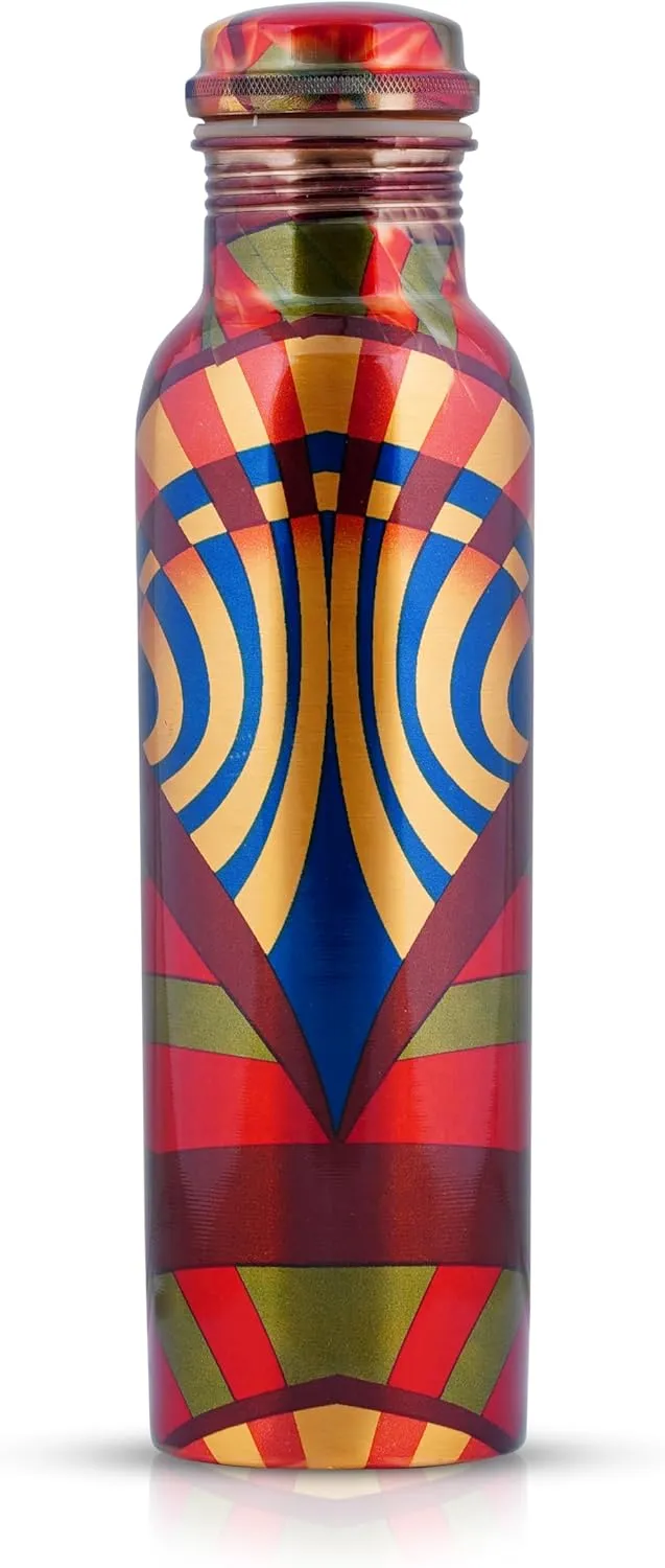 Craft Trade Printed Pure Copper Bottle with Lid and Carry Bag for Drinking Water BPA Free Leak Proof Boosts Immunity, Supports Digestive & Ayurveda Inspired 34oz - 1 Litre