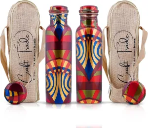 Craft Trade Printed Pure Copper Bottle with Lid and Carry Bag for Drinking Water BPA Free Leak Proof Boosts Immunity, Supports Digestive & Ayurveda Inspired 34oz - 1 Litre