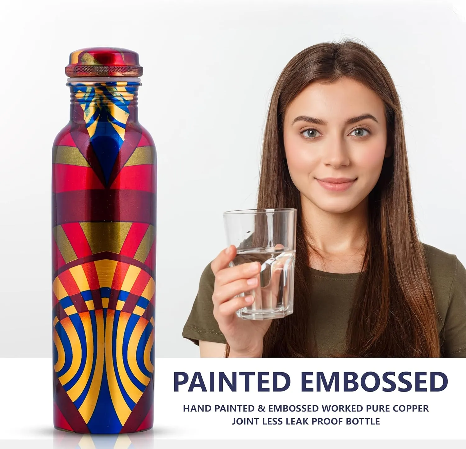 Craft Trade Printed Pure Copper Bottle with Lid and Carry Bag for Drinking Water BPA Free Leak Proof Boosts Immunity, Supports Digestive & Ayurveda Inspired 34oz - 1 Litre