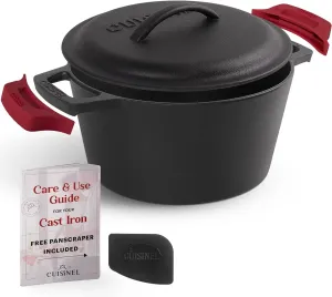 Cuisinel Cast Iron Dutch Oven - 3-Quart Deep Pot   Lid   Pan Scraper   Handle Covers - Large Pre-Seasoned Cooker for Baking Bread, Soup, Frying - Indoor/Outdoor Kitchen, Camping, Fire, BBQ Cookware