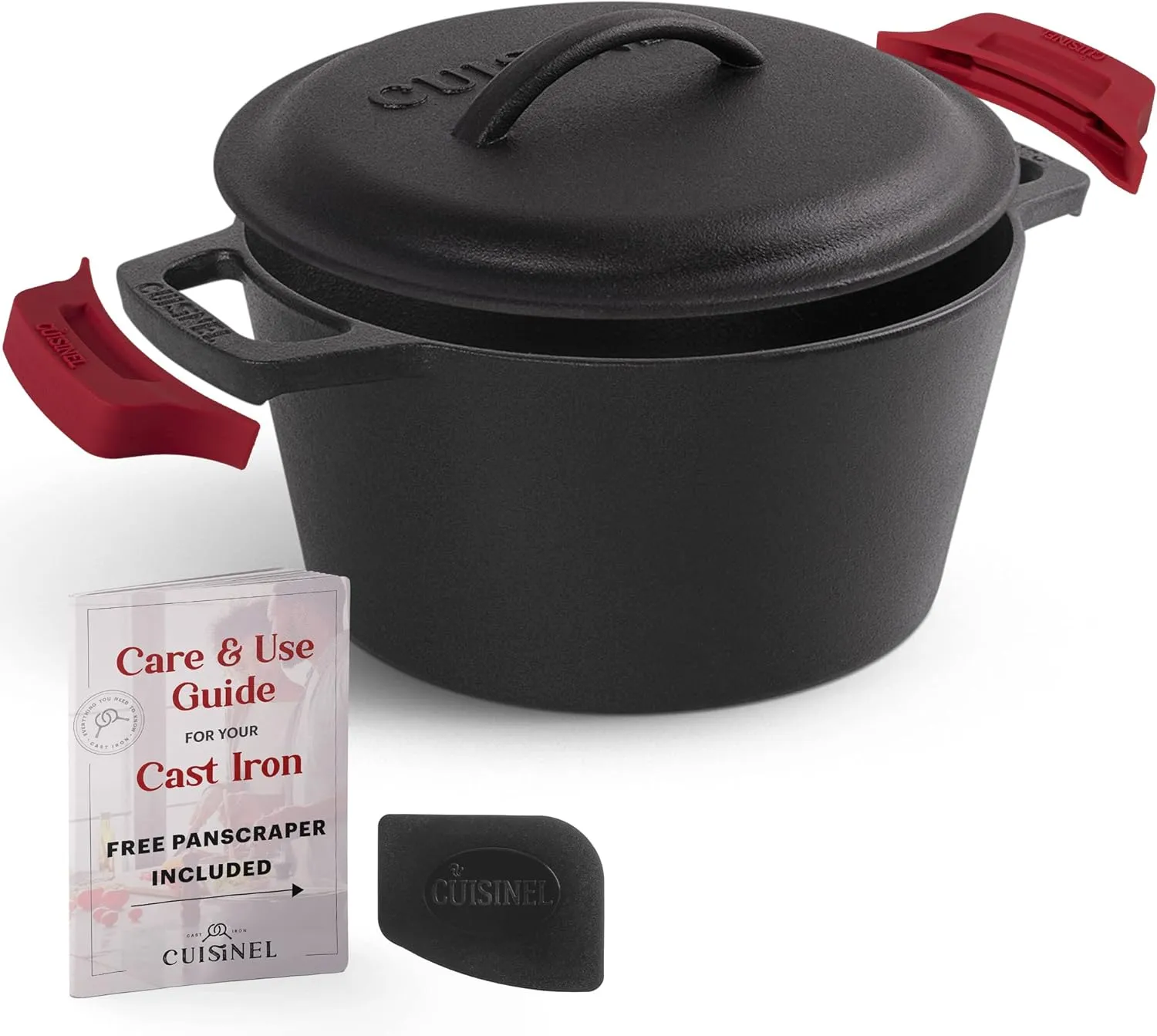 Cuisinel Cast Iron Dutch Oven - 3-Quart Deep Pot   Lid   Pan Scraper   Handle Covers - Large Pre-Seasoned Cooker for Baking Bread, Soup, Frying - Indoor/Outdoor Kitchen, Camping, Fire, BBQ Cookware