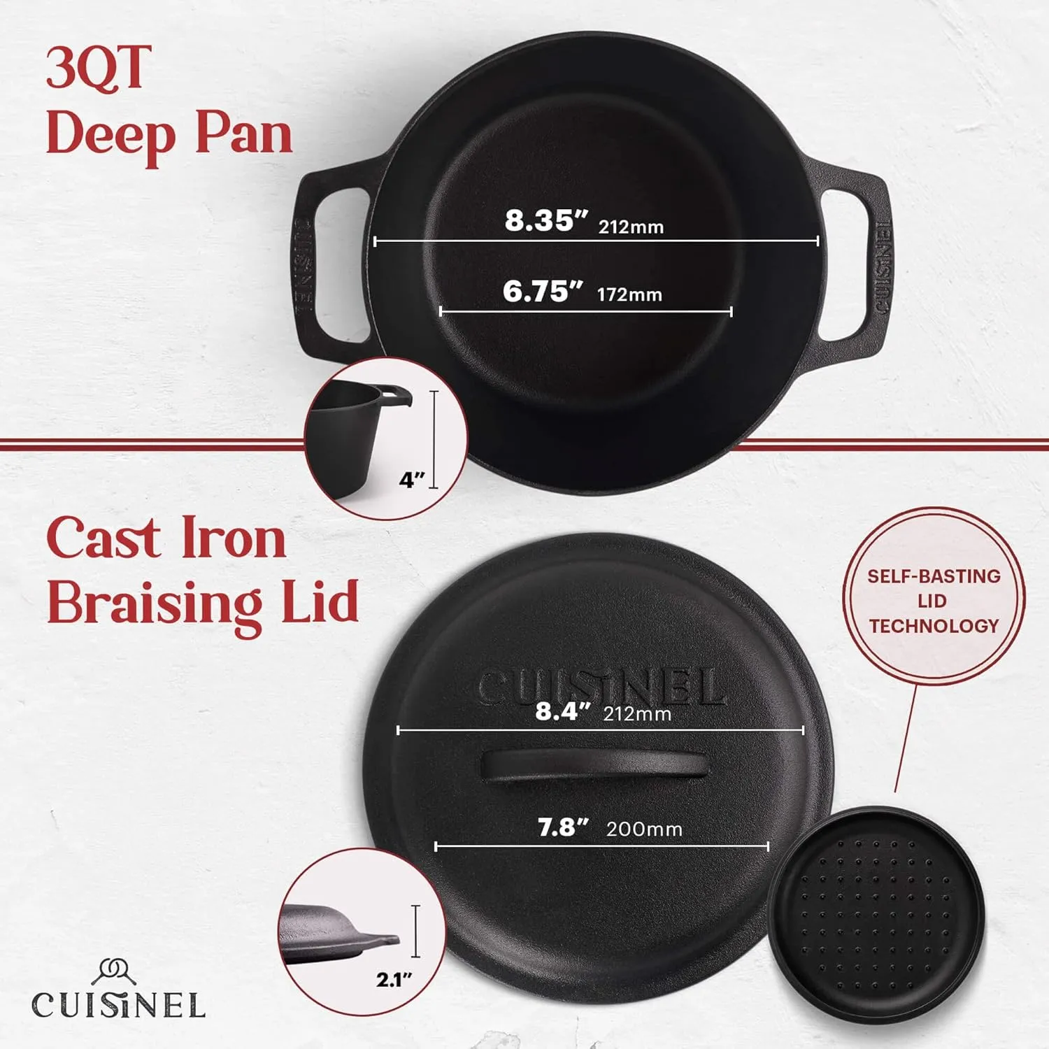 Cuisinel Cast Iron Dutch Oven - 3-Quart Deep Pot   Lid   Pan Scraper   Handle Covers - Large Pre-Seasoned Cooker for Baking Bread, Soup, Frying - Indoor/Outdoor Kitchen, Camping, Fire, BBQ Cookware