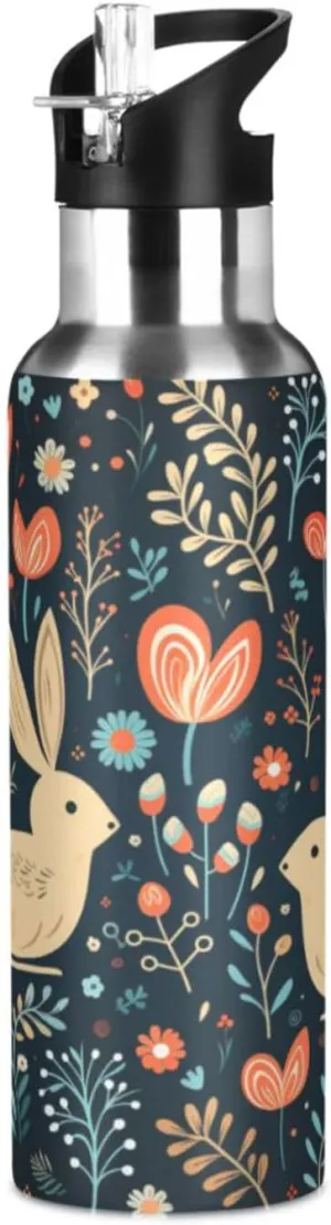 Cute Rabbit Flowers Heart Sport Water Bottle Insulated Stainless Steel Large Vacuum Flask Leak Proof Thermos with Straw for Travel(600ml/1000ml)