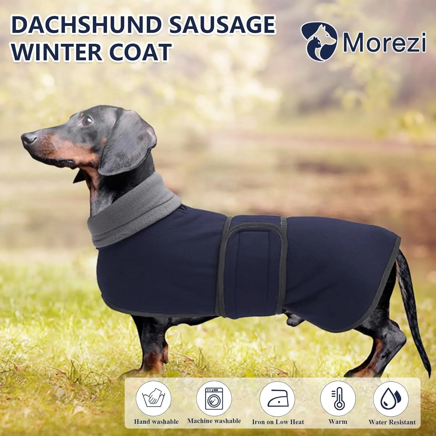 Dachshund Coats Sausage Dog Fleece Coat in Winter Miniature Dachshund Clothes with Hook and Loop Closure and high vis Reflective Trim Safety - Navy - S