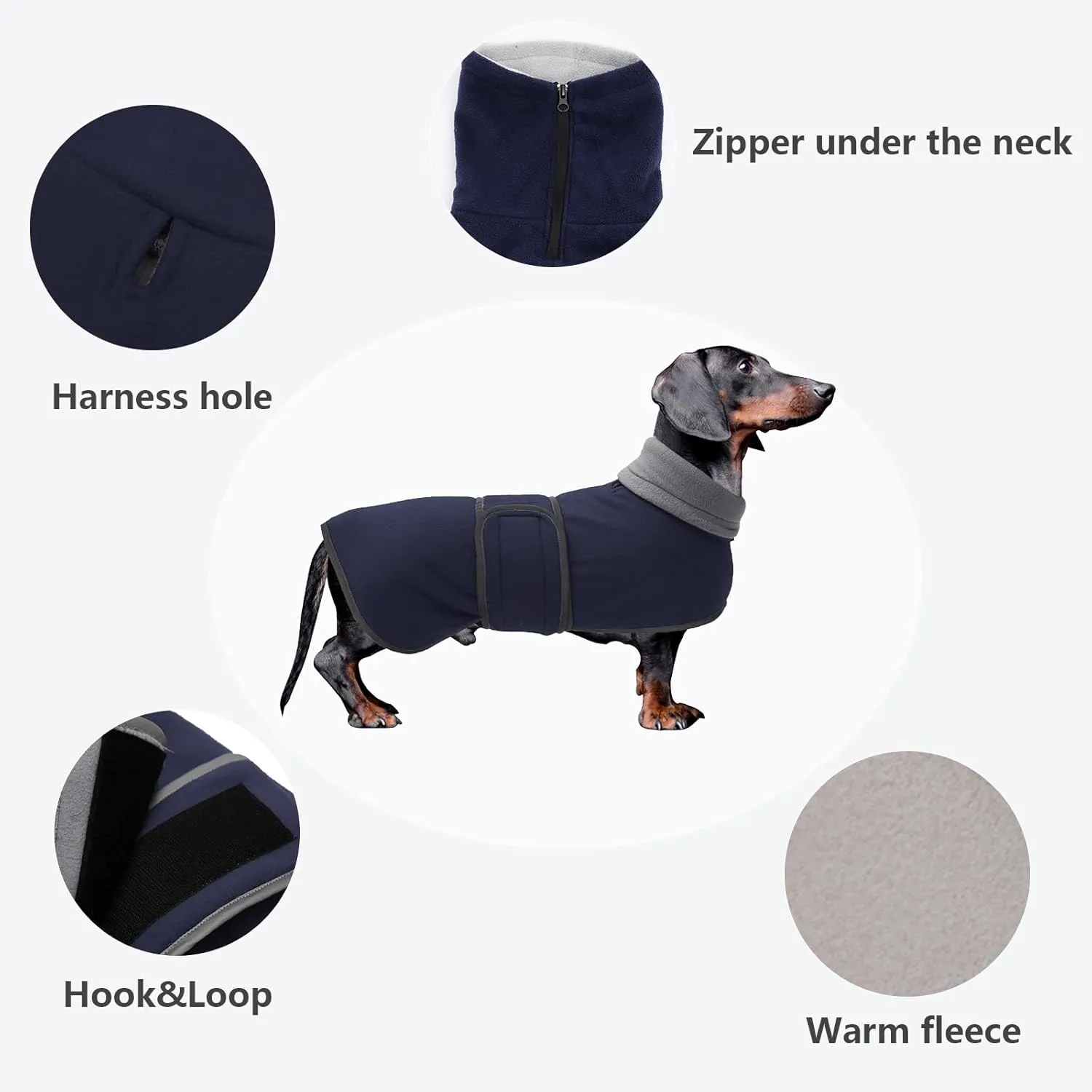 Dachshund Coats Sausage Dog Fleece Coat in Winter Miniature Dachshund Clothes with Hook and Loop Closure and high vis Reflective Trim Safety - Navy - S