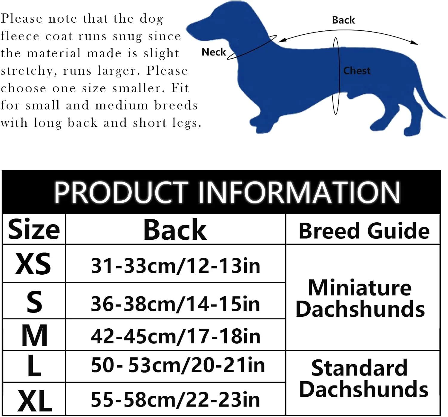 Dachshund Coats Sausage Dog Fleece Coat in Winter Miniature Dachshund Clothes with Hook and Loop Closure and high vis Reflective Trim Safety - Navy - S