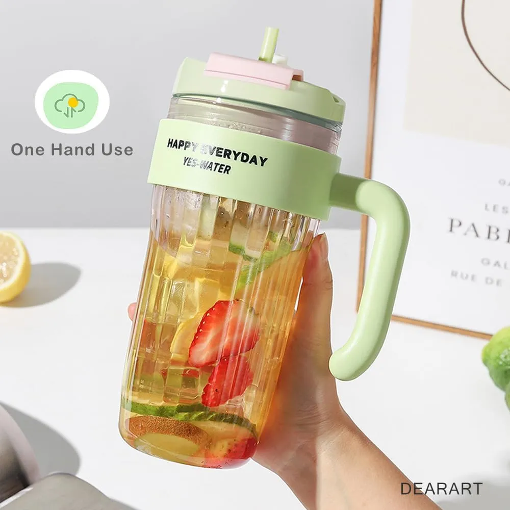DEARART Clear Water Bottle with Straw & Nozzle, Leak-proof BPA FREE, Wide Neck Easy Clean, Suitable for Office, Sports, School, Travel, Gym, Yoga, 31oz (920ml), Green