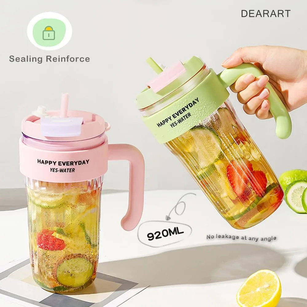 DEARART Clear Water Bottle with Straw & Nozzle, Leak-proof BPA FREE, Wide Neck Easy Clean, Suitable for Office, Sports, School, Travel, Gym, Yoga, 31oz (920ml), Green
