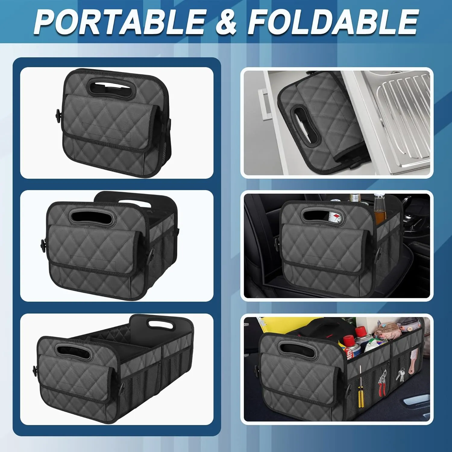 Deelsk Car Trunk Organizer and Storage - 6 Big Pockets, Waterproof Polyester Trunk Organizer for SUV/Minivan/Truck - Large, Charcoal
