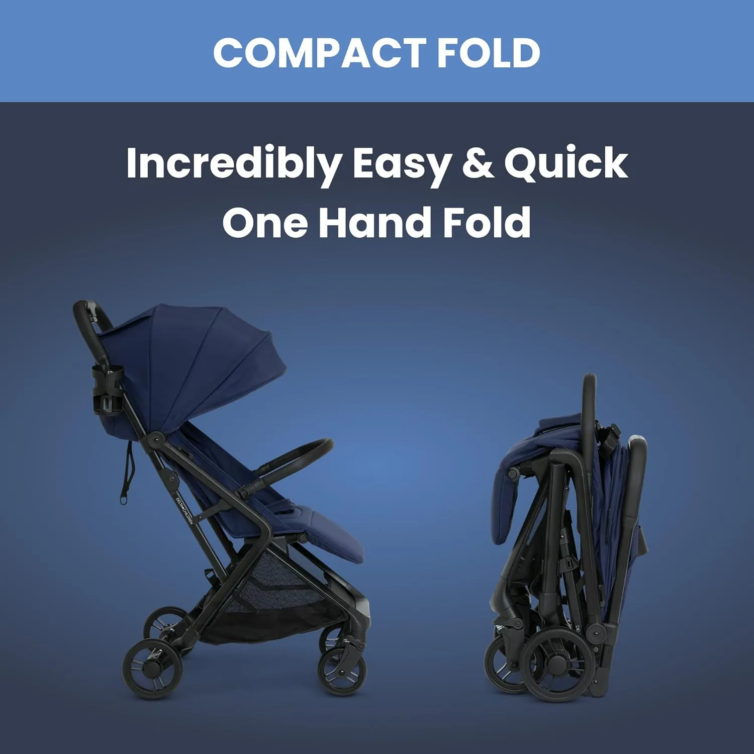 Delta Children Icon Ultra Compact Lightweight Everyday & Travel Stroller - One-Hand Fold - Only 15.6 Pounds - Fits in Overhead Compartments - Greenguard Gold Certified - Multi-Position Recline, Navy
