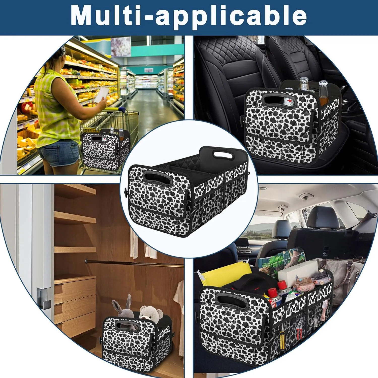 Deosk Car Organizer for SUV - 6 Big Pocket Trunk Storage With Waterproof Polyester, Car Accessories for Women/Men, Cow Print (Medium)