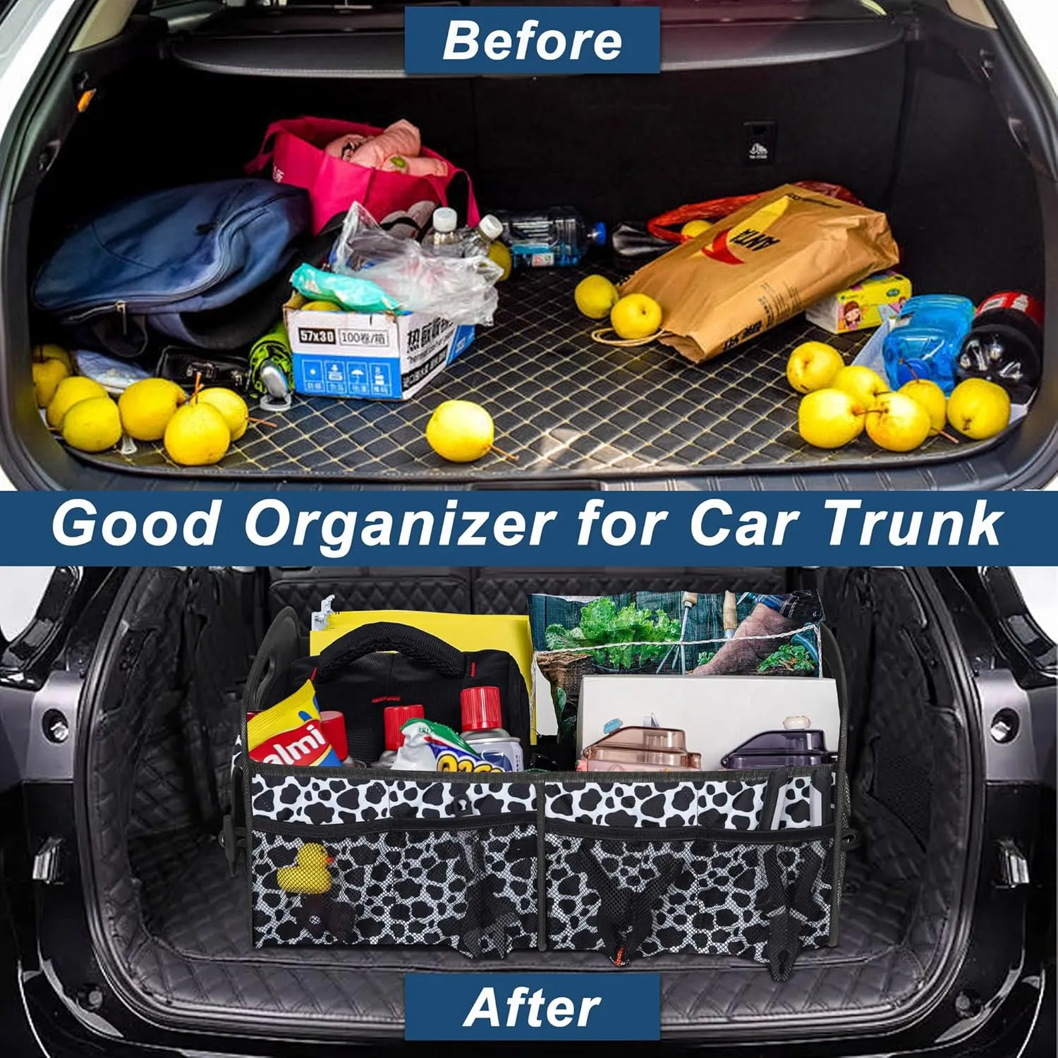 Deosk Car Organizer for SUV - 6 Big Pocket Trunk Storage With Waterproof Polyester, Car Accessories for Women/Men, Cow Print (Medium)