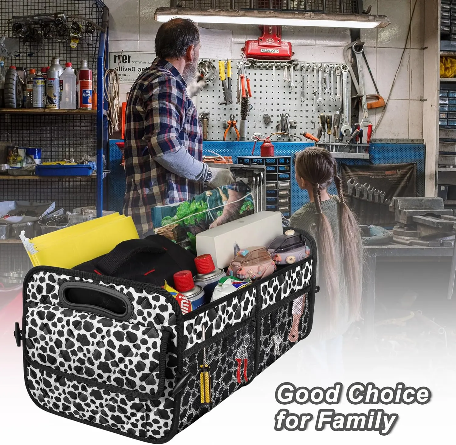 Deosk Car Organizer for SUV - 6 Big Pocket Trunk Storage With Waterproof Polyester, Car Accessories for Women/Men, Cow Print (Medium)