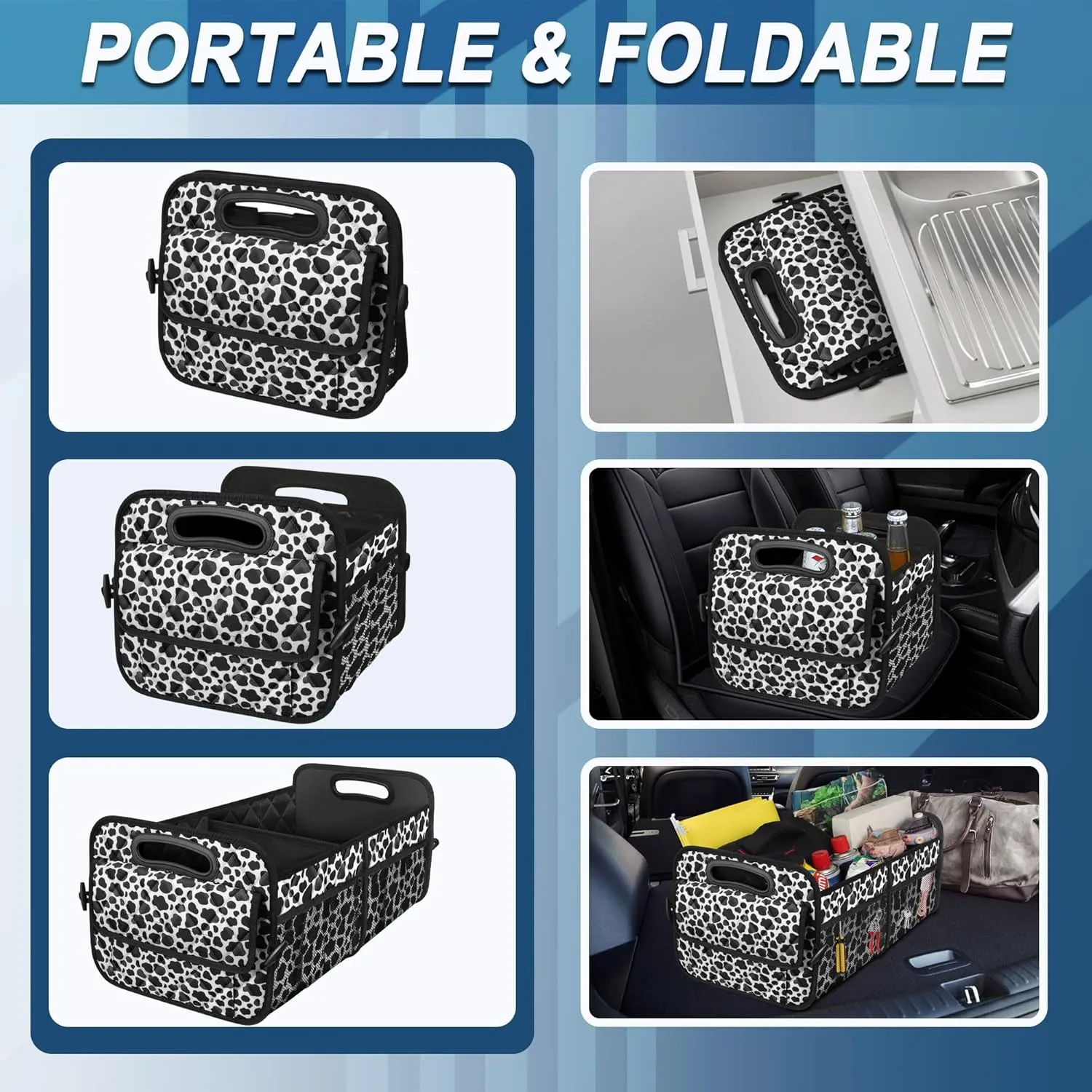 Deosk Car Organizer for SUV - 6 Big Pocket Trunk Storage With Waterproof Polyester, Car Accessories for Women/Men, Cow Print (Medium)