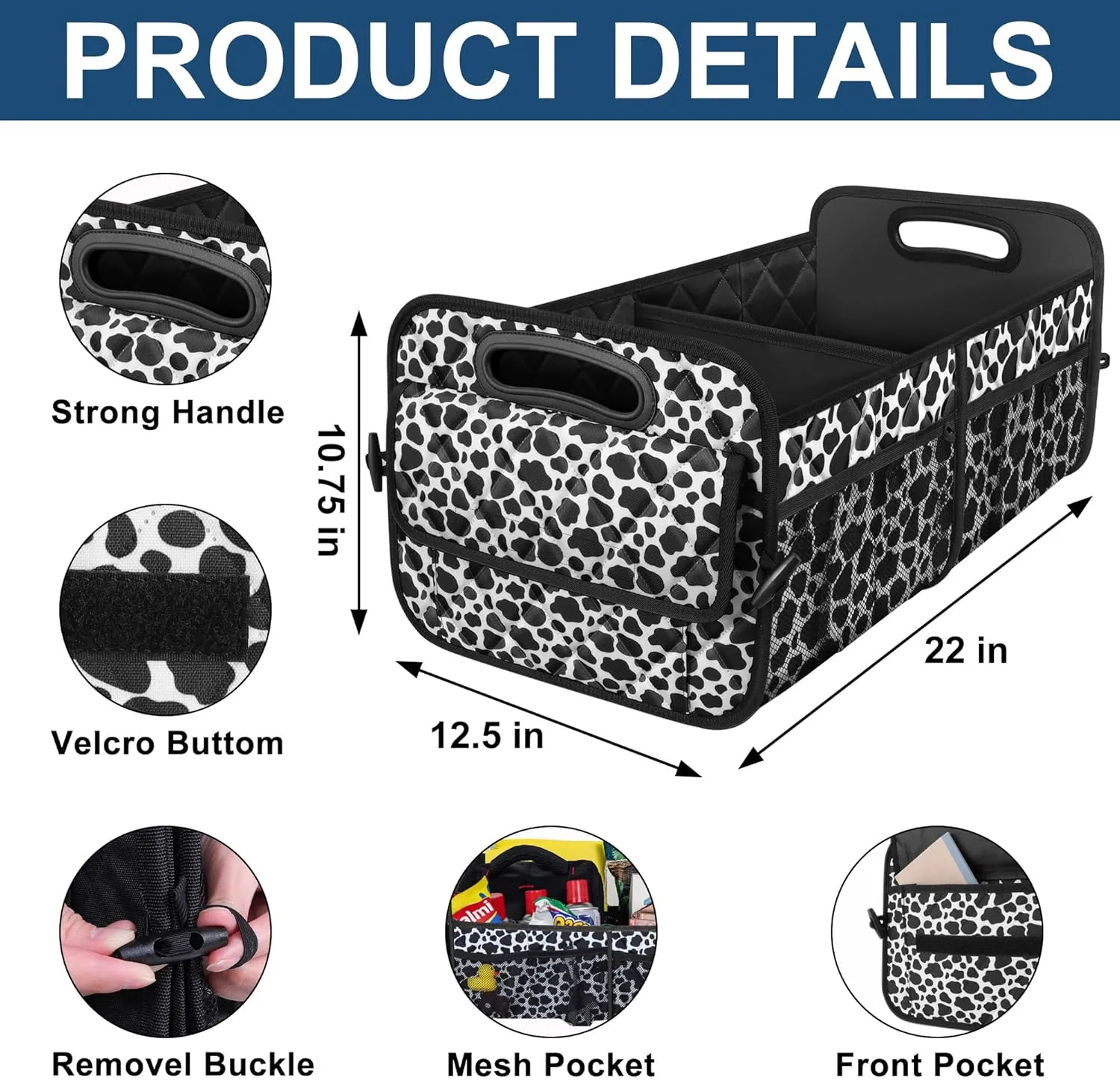Deosk Car Organizer for SUV - 6 Big Pocket Trunk Storage With Waterproof Polyester, Car Accessories for Women/Men, Cow Print (Medium)
