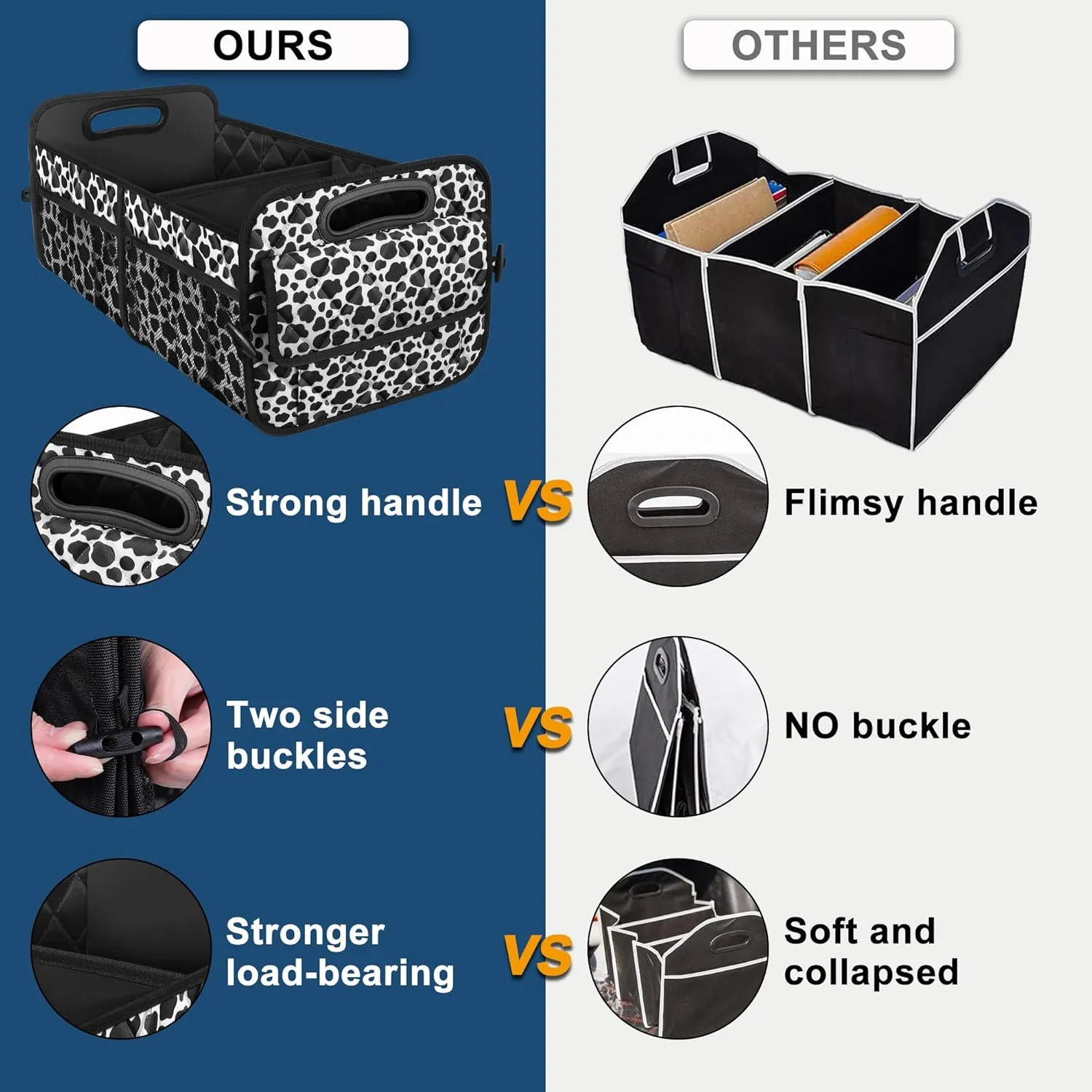 Deosk Car Organizer for SUV - 6 Big Pocket Trunk Storage With Waterproof Polyester, Car Accessories for Women/Men, Cow Print (Medium)