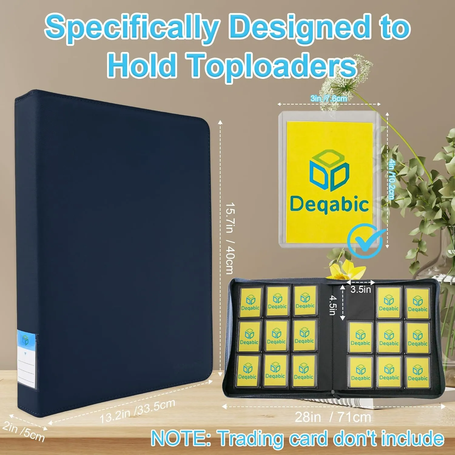 DEQADIC Top Loader Binder, 9 Pocket Holds 288 Cards, Includes 20 Toploaders, Side Loading Ringless Collection Binder for Sports Game Trading Card, Blue