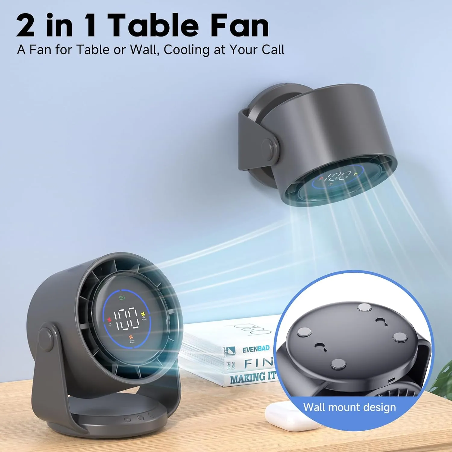 Desk Fan, Quiet Wall-Mounted Table Fan with Turbo Airflow, 100-Speed Digital Display & 105° Adjustable Tilt, 7.5-inch， Rechargeable Battery for Home, Office, Travel Grey