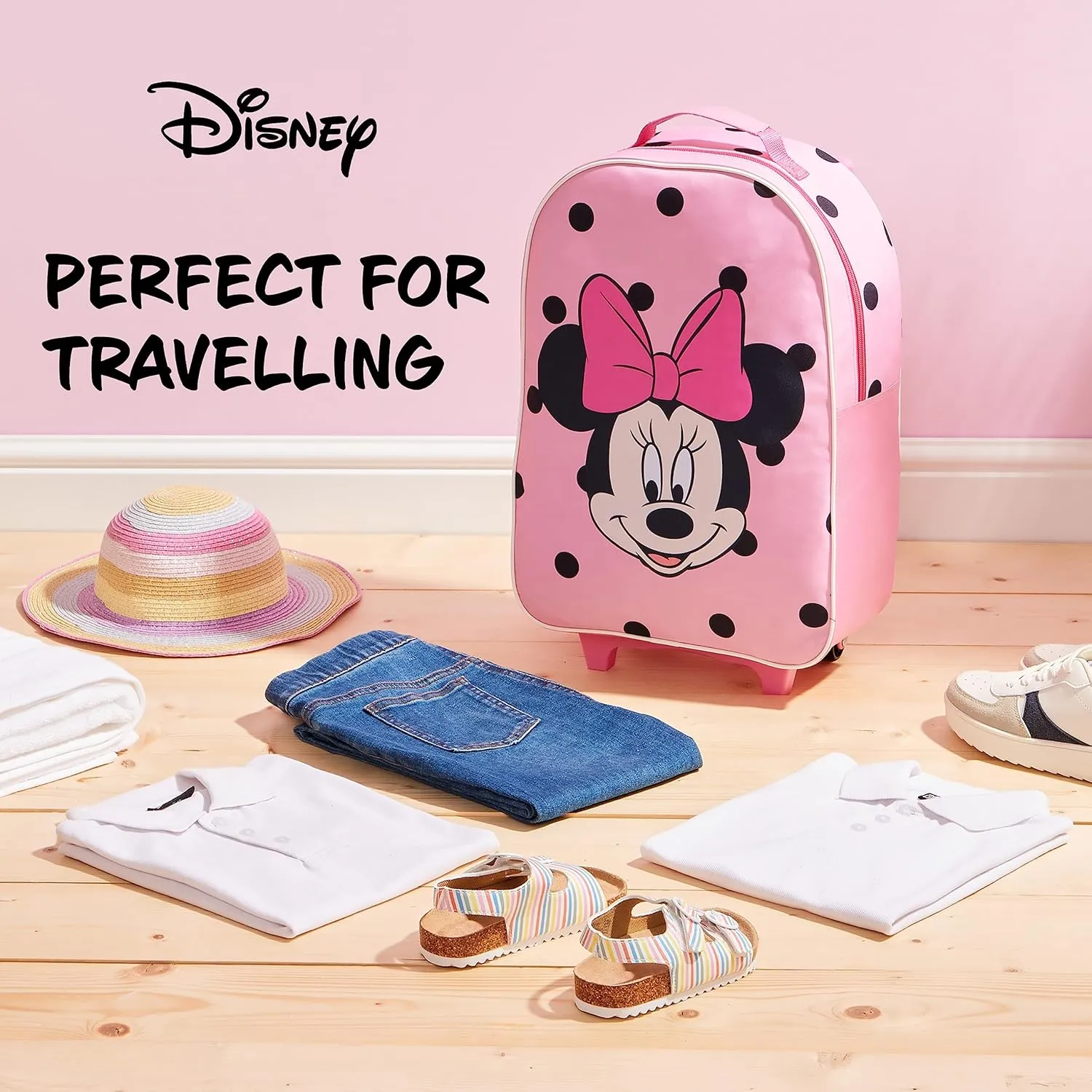 Disney Kids Suitcase - Foldable Trolley Bag 47 x 30cm, 2 Wheels Extendable Handle - Kids Gifts (Pink Minnie)