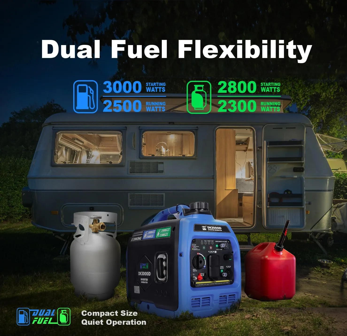 DK 3000W Dual Fuel Inverter Generator, Gas LPG Powered, Quiet Lightweight, Parallel Ready, CO Alert, EPA Compliant, for RV Outdoor Camping Tailgating (DK3000iD）