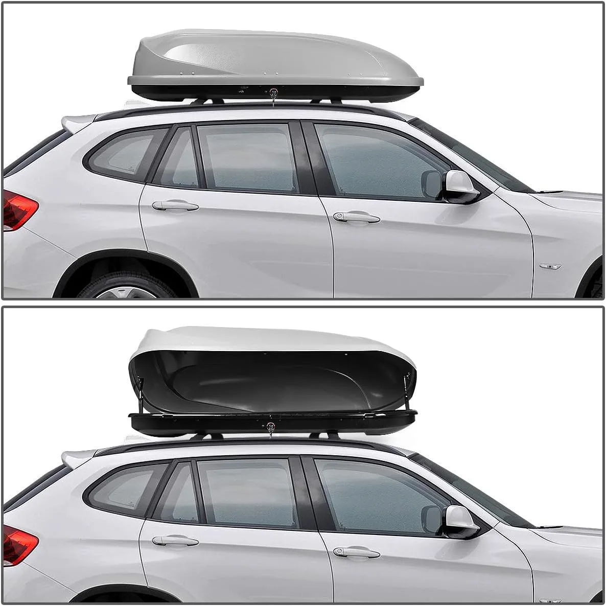 DNA MOTORING Rooftop Cargo Box Carrier Compatible with 09-15 BMW X1, 12 Cubic Ft Lockable Waterproof Hard Shell Top Mount Carrier   Pair Aluminum Roof Rail Cross Bars, Grey, PT-ZTL-8093-GY