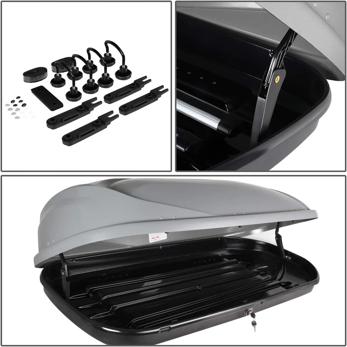 DNA MOTORING Rooftop Cargo Box Carrier Compatible with 15-18 Suburban Tahoe Yukon Escalade, Lockable Waterproof Hard Shell Top Mount Carrier   Pair Aluminum Roof Rail Cross Bars, Grey, PT-ZTL-8099-GY