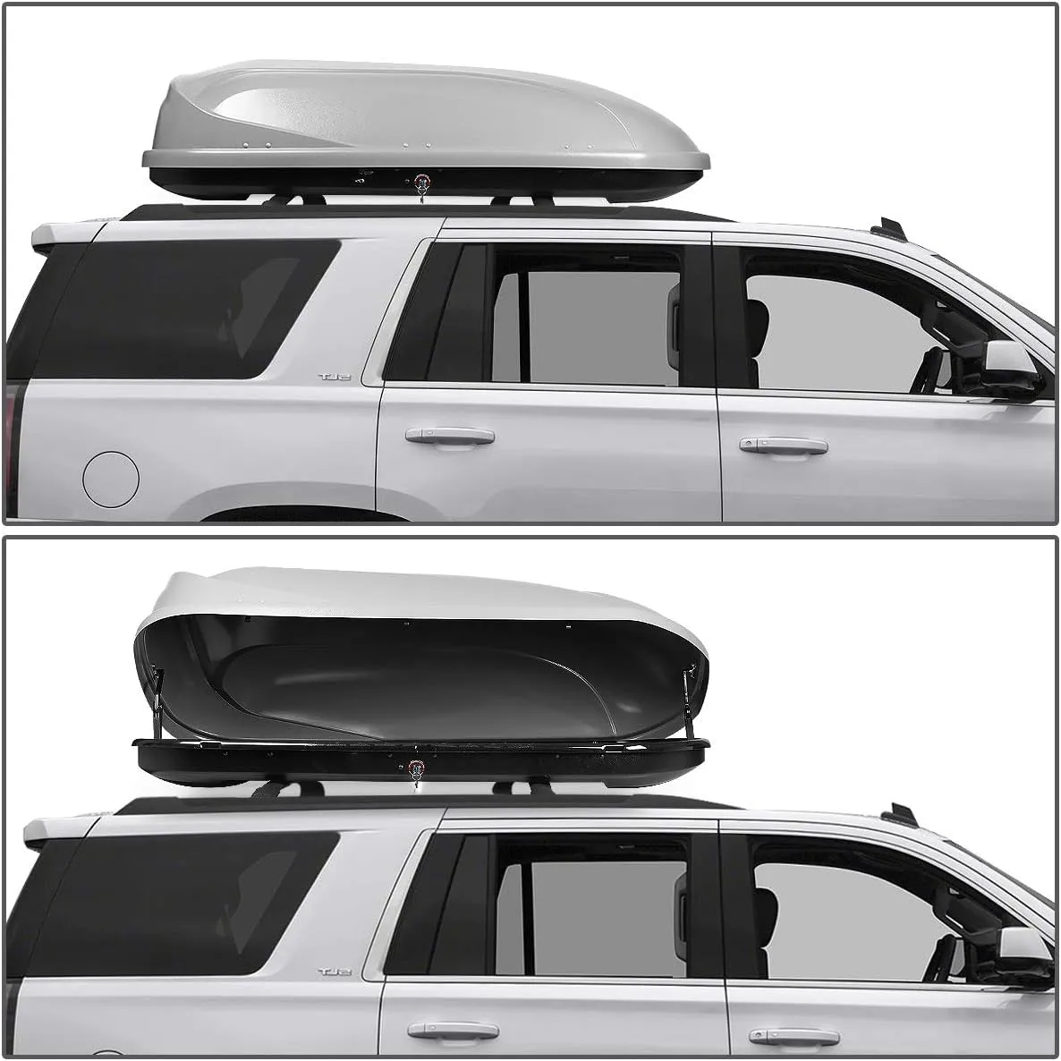 DNA MOTORING Rooftop Cargo Box Carrier Compatible with 15-18 Suburban Tahoe Yukon Escalade, Lockable Waterproof Hard Shell Top Mount Carrier   Pair Aluminum Roof Rail Cross Bars, Grey, PT-ZTL-8099-GY