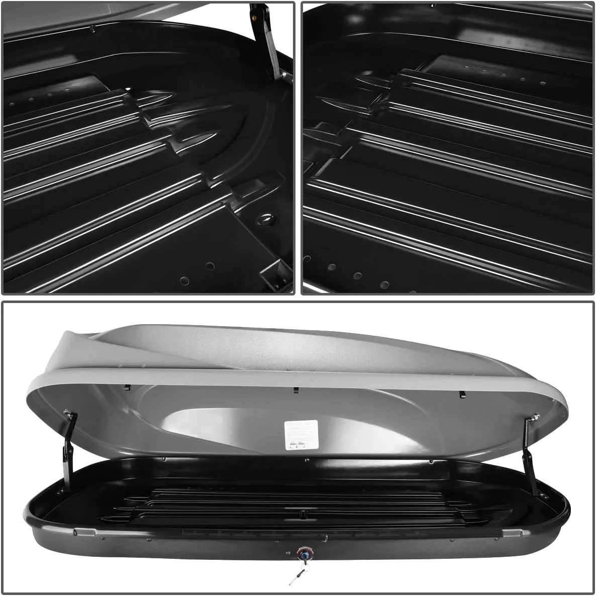 DNA MOTORING Rooftop Cargo Box Carrier Compatible with 15-18 Suburban Tahoe Yukon Escalade, Lockable Waterproof Hard Shell Top Mount Carrier   Pair Aluminum Roof Rail Cross Bars, Grey, PT-ZTL-8099-GY