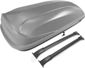 DNA MOTORING Rooftop Cargo Box Carrier Compatible with 15-18 Suburban Tahoe Yukon Escalade, Lockable Waterproof Hard Shell Top Mount Carrier   Pair Aluminum Roof Rail Cross Bars, Grey, PT-ZTL-8099-GY
