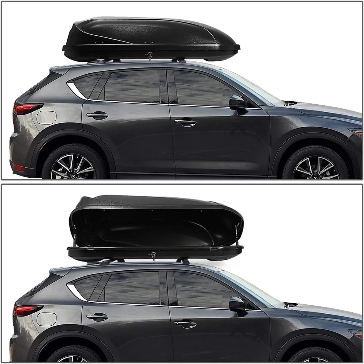 DNA MOTORING Rooftop Cargo Box Carrier Compatible with 17-18 Mazda CX-5, Lockable Waterproof Hard Shell Top Mount Carrier w/Lock Keys   Pair Aluminum Roof Rail Cross Bars, Black, PT-ZTL-8090-BK