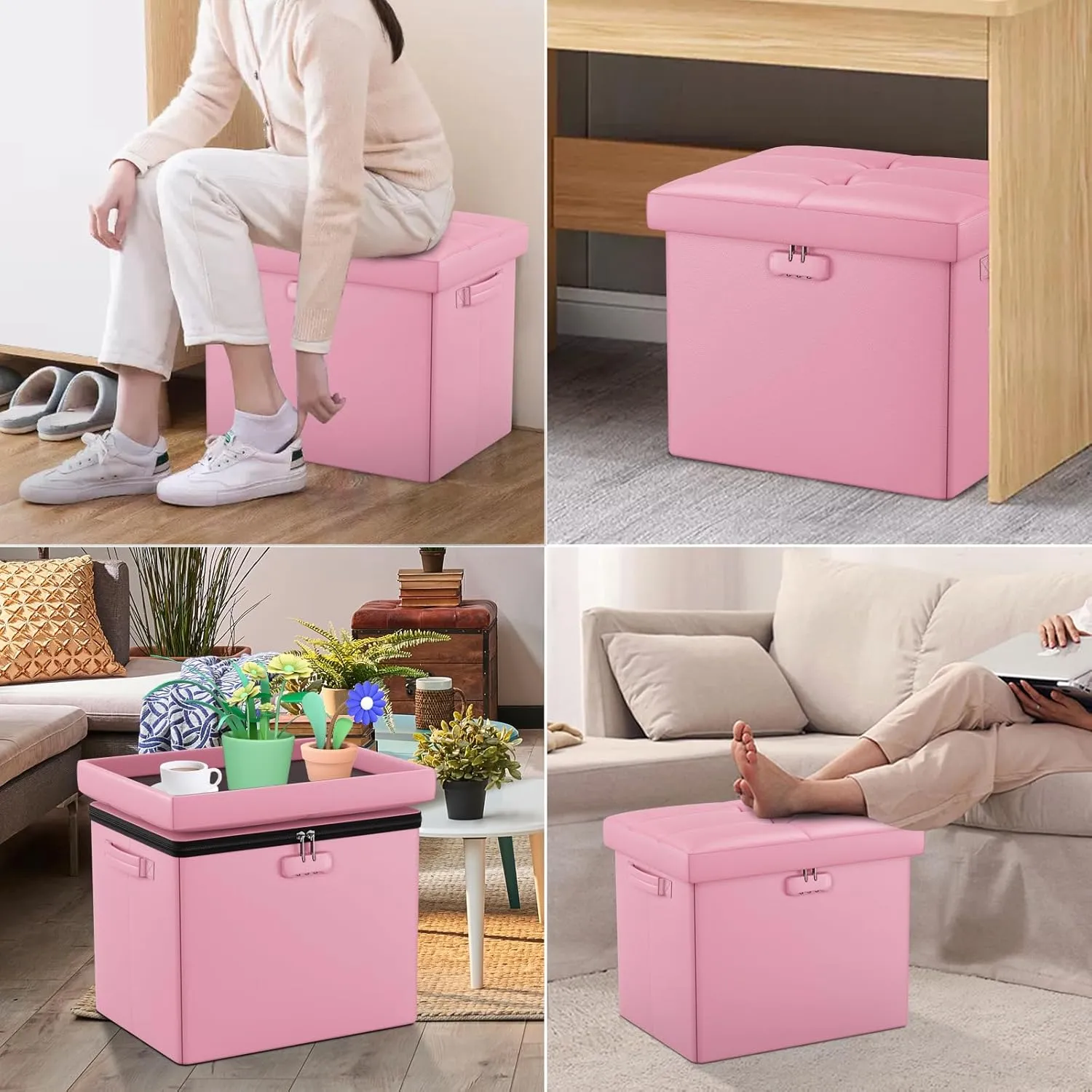 DocSafe Storage Ottoman Foot Rest Stool with Lock ＆ Handles, Fireproof Folding Leather Footstool Bench with Storage Safe for Living Room Bedroom, Home Office, Dorm, 17x13x13in, Pink