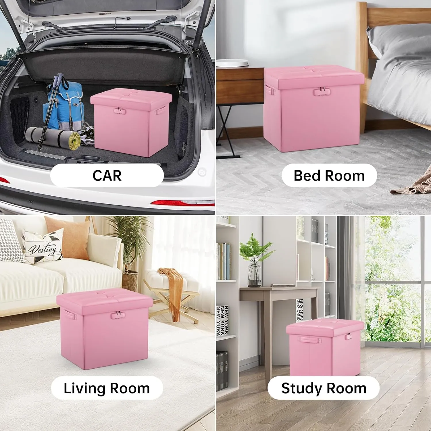 DocSafe Storage Ottoman Foot Rest Stool with Lock ＆ Handles, Fireproof Folding Leather Footstool Bench with Storage Safe for Living Room Bedroom, Home Office, Dorm, 17x13x13in, Pink