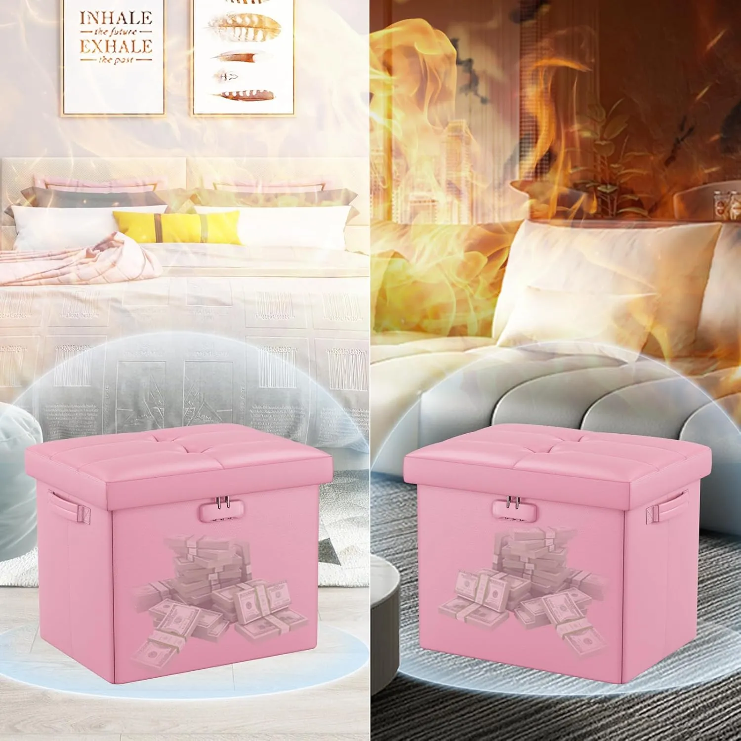 DocSafe Storage Ottoman Foot Rest Stool with Lock ＆ Handles, Fireproof Folding Leather Footstool Bench with Storage Safe for Living Room Bedroom, Home Office, Dorm, 17x13x13in, Pink