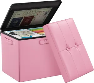 DocSafe Storage Ottoman Foot Rest Stool with Lock ＆ Handles, Fireproof Folding Leather Footstool Bench with Storage Safe for Living Room Bedroom, Home Office, Dorm, 17x13x13in, Pink